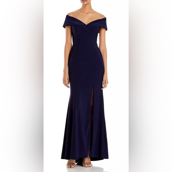 💙 NWT! Navy Off The Shoulder Slit Gown - Picture 2 of 12